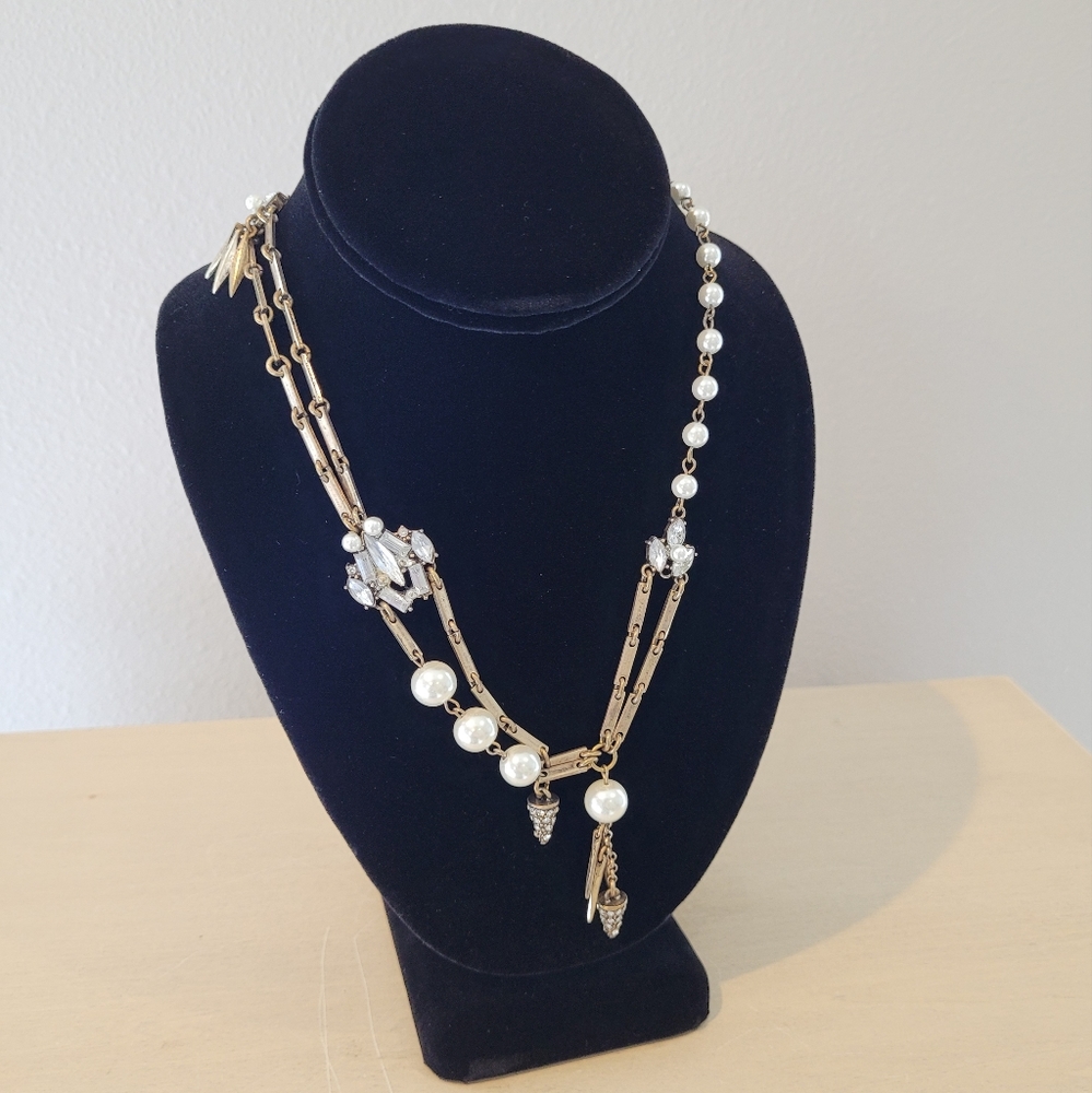 Asymmetrical Rhinestone Faux Pearl gold bronze statement Long Regency